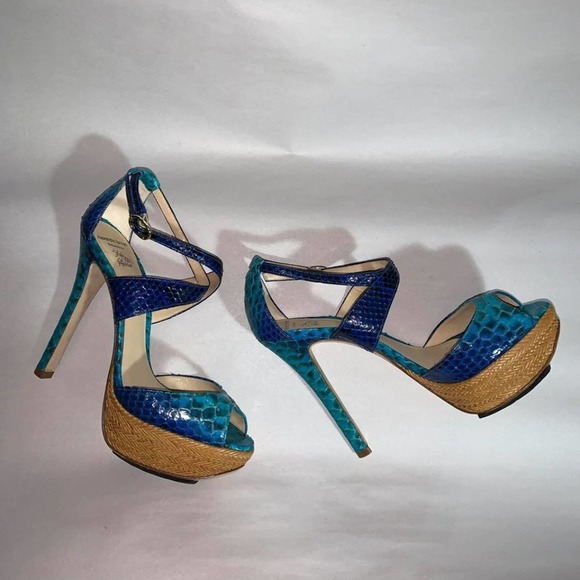 Alexandre Birman Blue Python Leather Platform Heels Pumps Sandals Shoes 7.5 - Picture 6 of 10